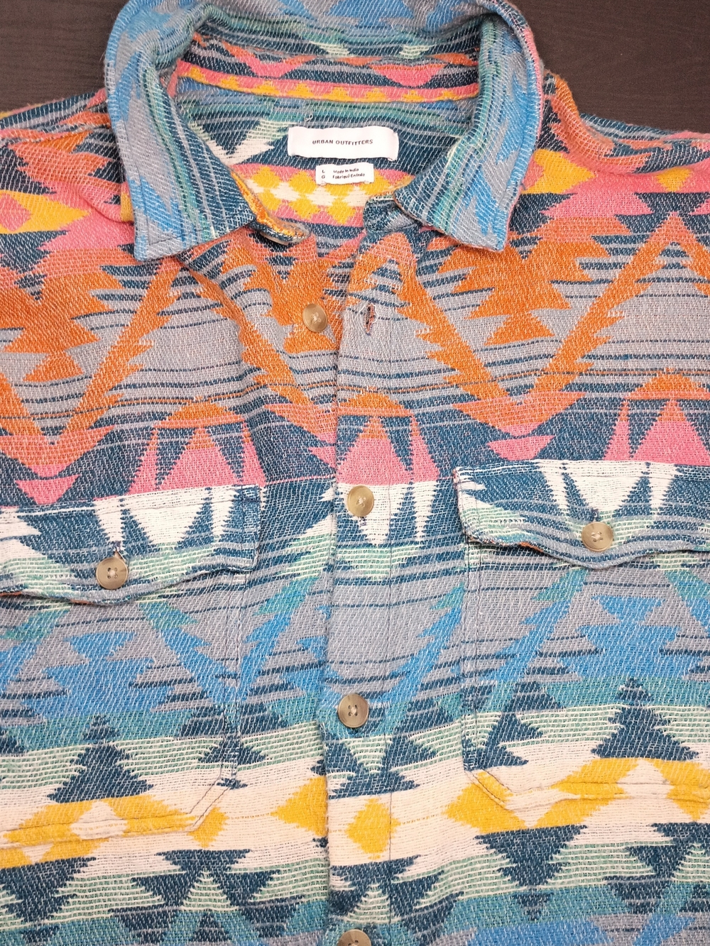 Urban Outfitters Coral, Blue & Yellow Aztec Men's Lg. Button-Front Shirt Jacket.